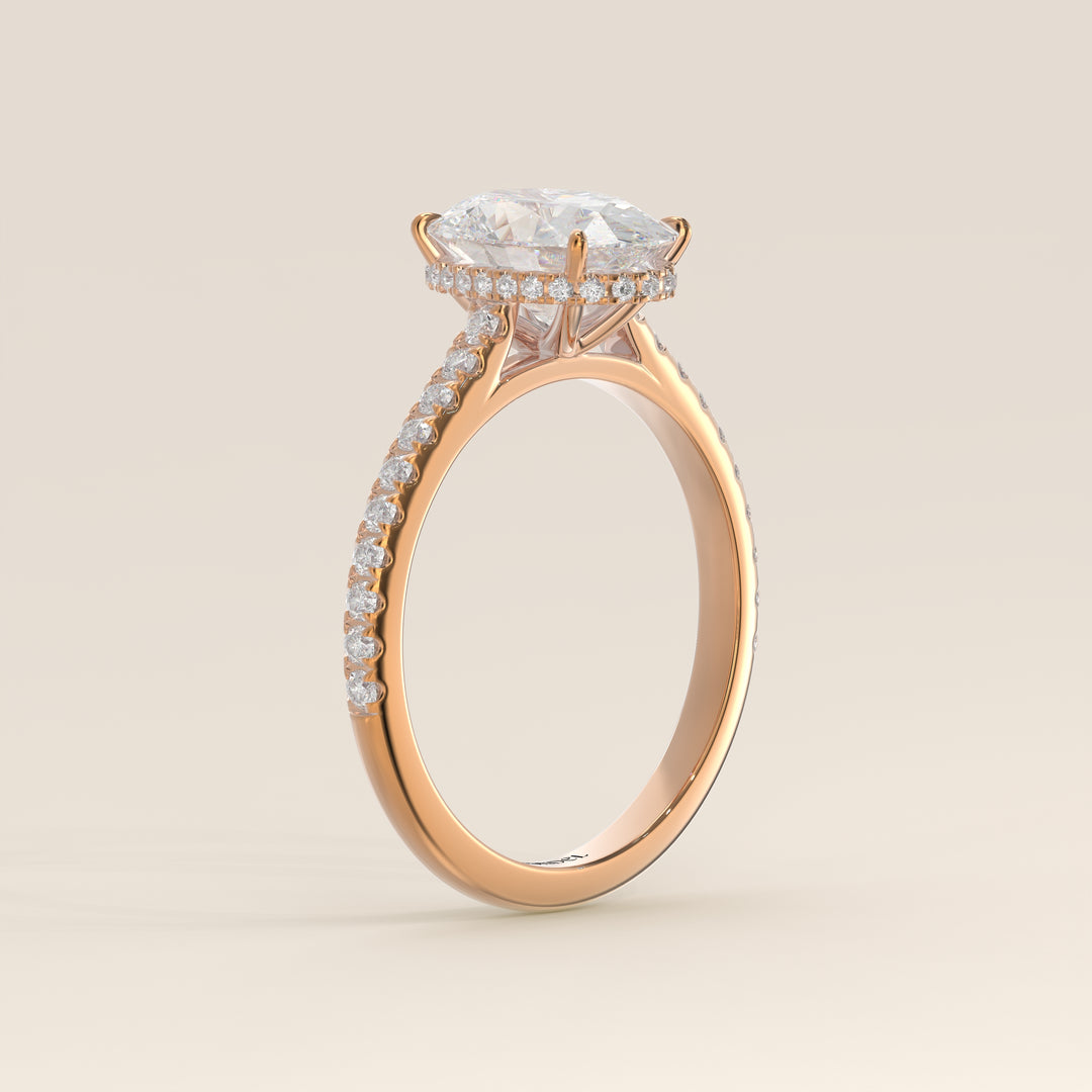 Lana - Oval Solitair Lab Grown Diamond Ring with Cathedral Setting, Pave Band and Wrap Around Halo