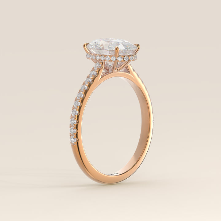 Lana - Oval Solitair Lab Grown Diamond Ring with Cathedral Setting, Pave Band and Wrap Around Halo