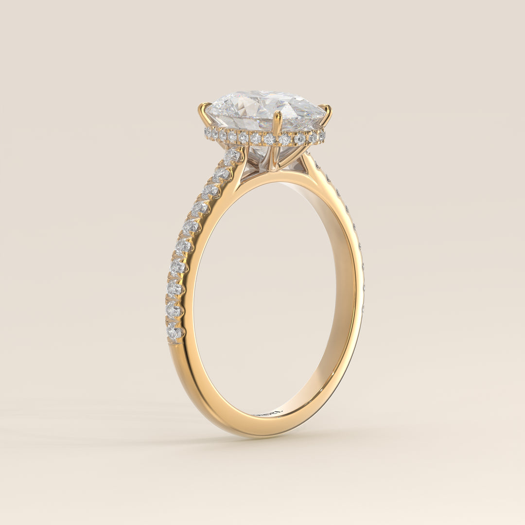 Lana - Oval Solitair Lab Grown Diamond Ring with Cathedral Setting, Pave Band and Wrap Around Halo