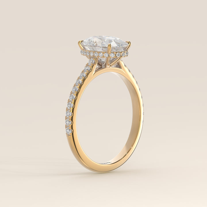 Lana - Oval Solitair Lab Grown Diamond Ring with Cathedral Setting, Pave Band and Wrap Around Halo