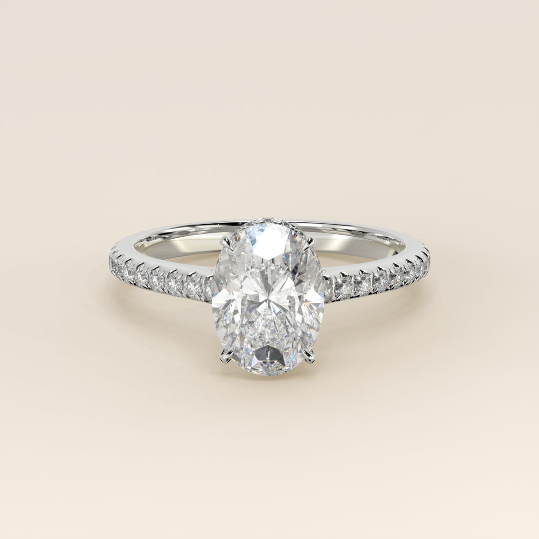 Lana - Oval Solitair Lab Grown Diamond Ring with Cathedral Setting, Pave Band and Wrap Around Halo