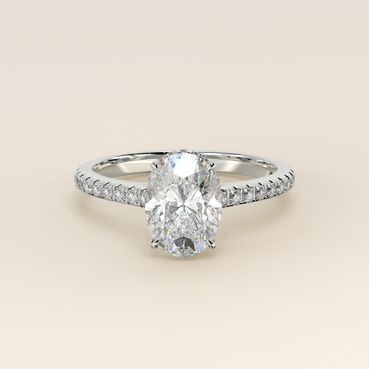 Lana - Oval Solitair Lab Grown Diamond Ring with Cathedral Setting, Pave Band and Wrap Around Halo