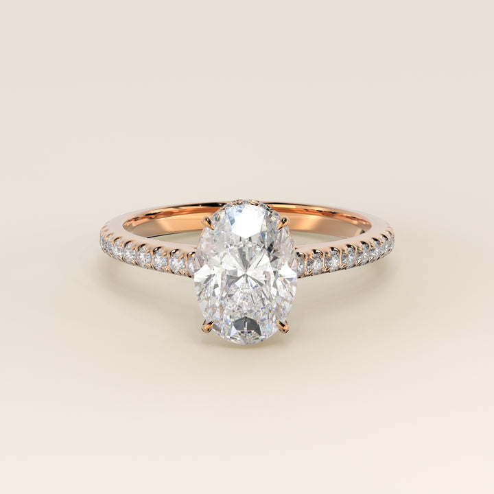Lana - Oval Solitair Lab Grown Diamond Ring with Cathedral Setting, Pave Band and Wrap Around Halo