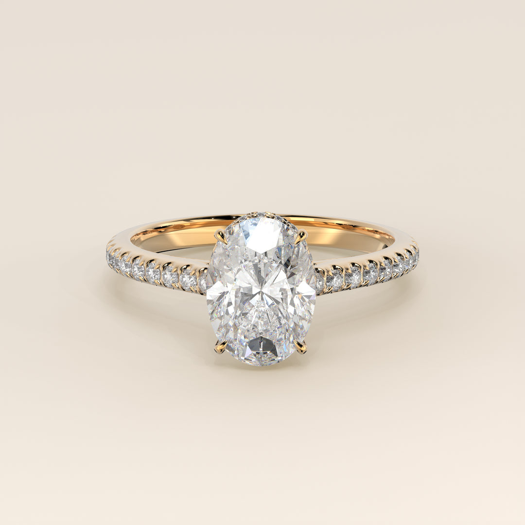 Lana - Oval Solitair Lab Grown Diamond Ring with Cathedral Setting, Pave Band and Wrap Around Halo