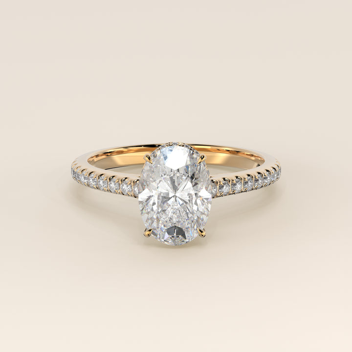 Lana - Oval Solitair Lab Grown Diamond Ring with Cathedral Setting, Pave Band and Wrap Around Halo