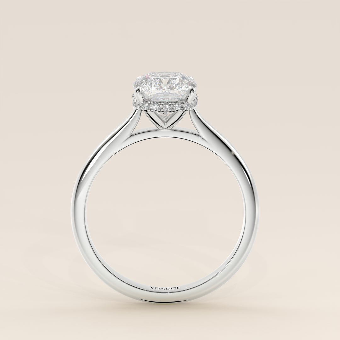 Mikki - Elongated Cushion Solitair Lab Grown Diamond Ring with Cathedral Setting and Wrap Around Halo