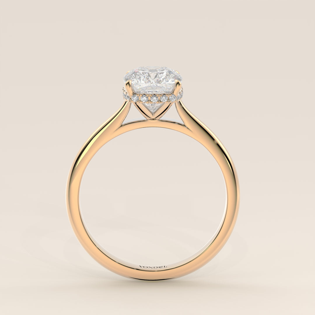 Mikki - Elongated Cushion Solitair Lab Grown Diamond Ring with Cathedral Setting and Wrap Around Halo