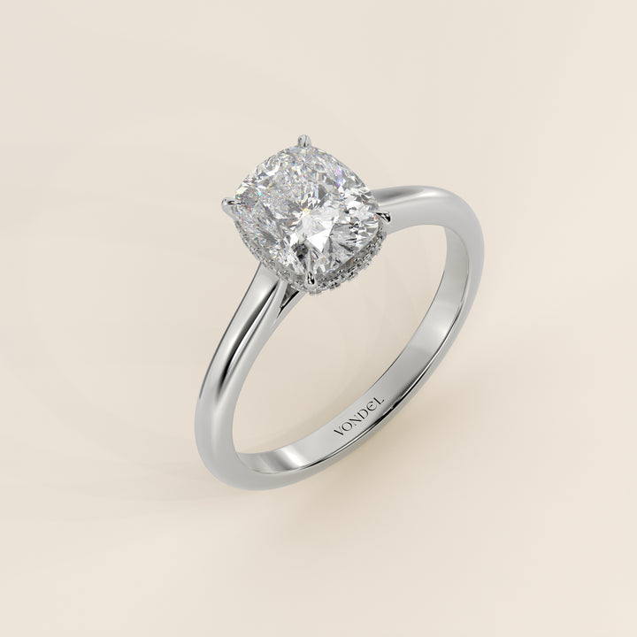 Mikki - Elongated Cushion Solitair Lab Grown Diamond Ring with Cathedral Setting and Wrap Around Halo