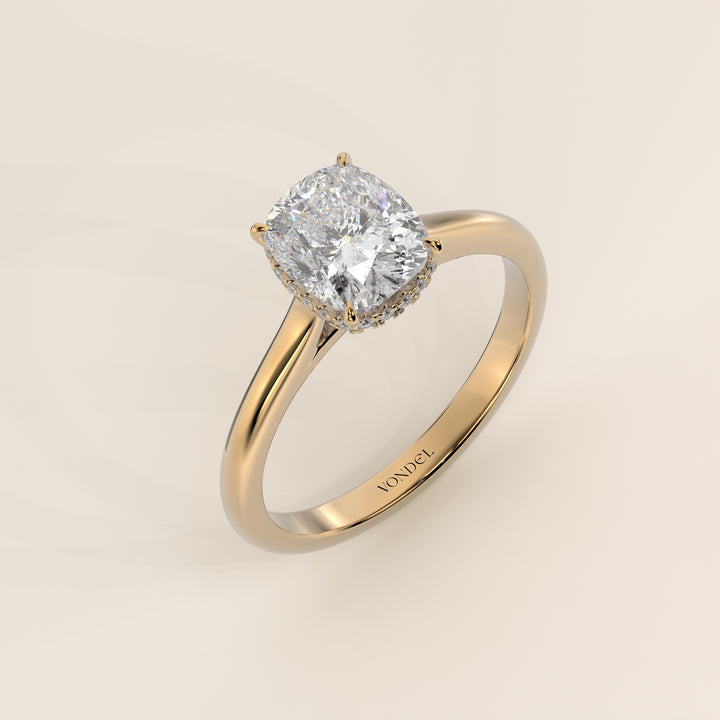Mikki - Elongated Cushion Solitair Lab Grown Diamond Ring with Cathedral Setting and Wrap Around Halo