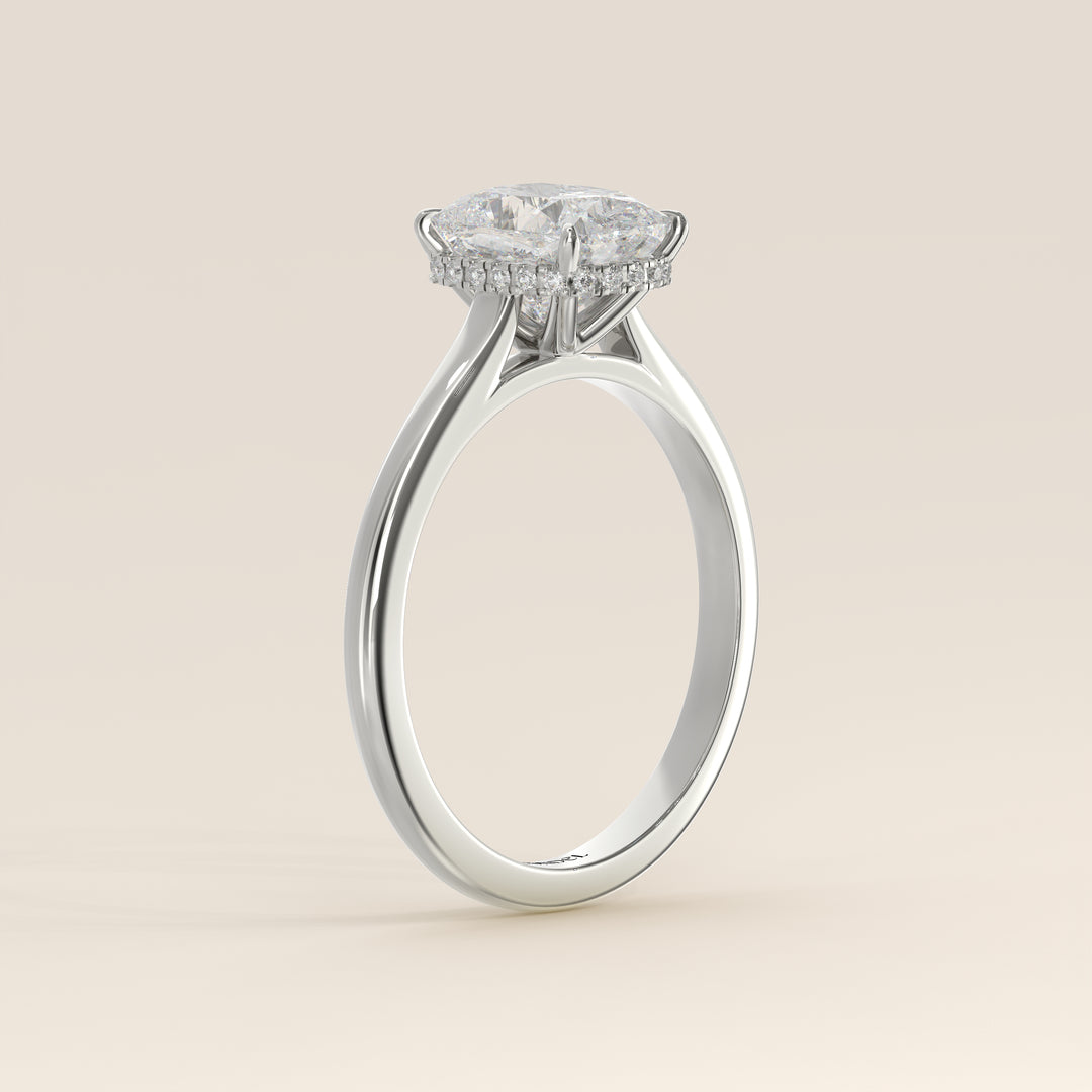 Mikki - Elongated Cushion Solitair Lab Grown Diamond Ring with Cathedral Setting and Wrap Around Halo