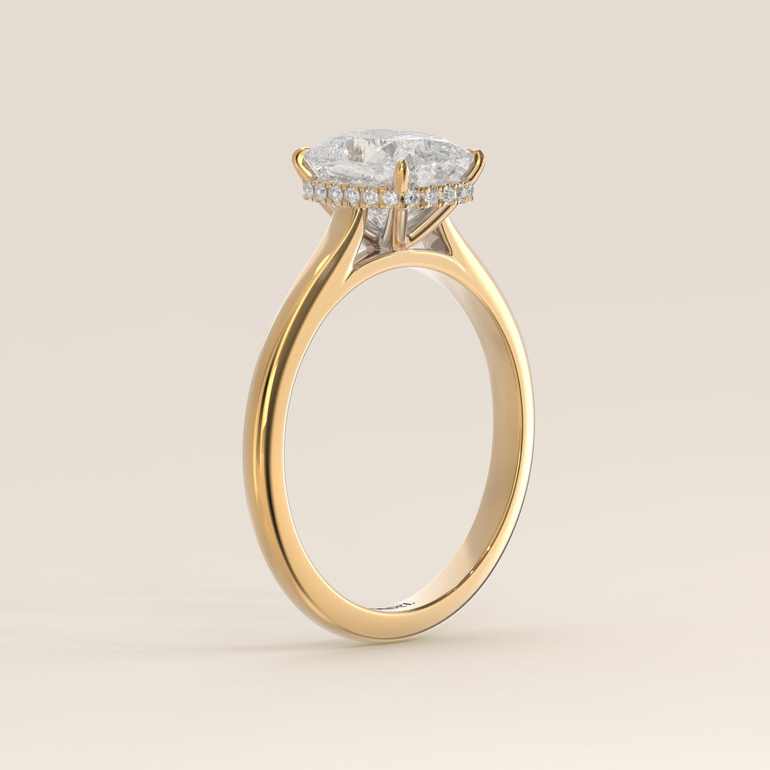 Mikki - Elongated Cushion Solitair Lab Grown Diamond Ring with Cathedral Setting and Wrap Around Halo