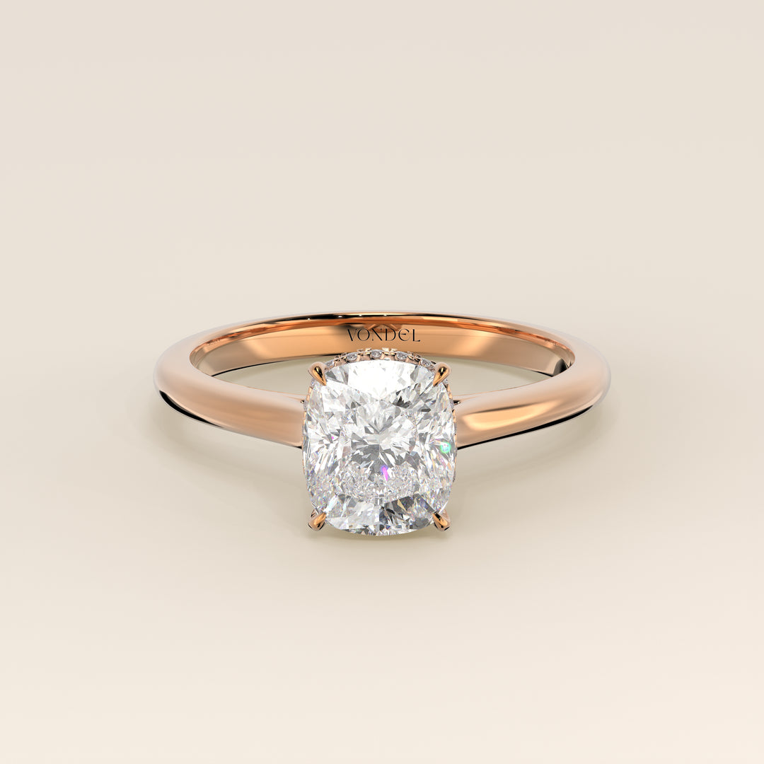 Mikki - Elongated Cushion Solitair Lab Grown Diamond Ring with Cathedral Setting and Wrap Around Halo