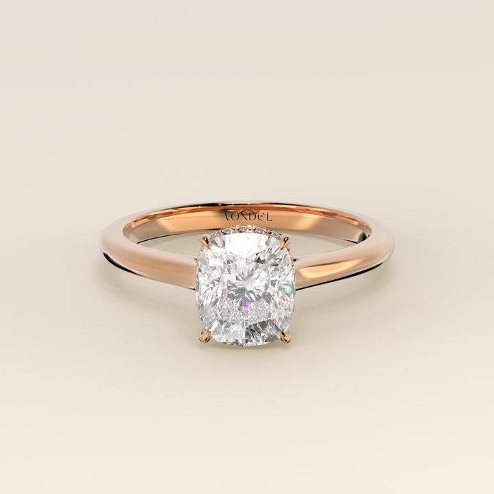 Mikki - Elongated Cushion Solitair Lab Grown Diamond Ring with Cathedral Setting and Wrap Around Halo