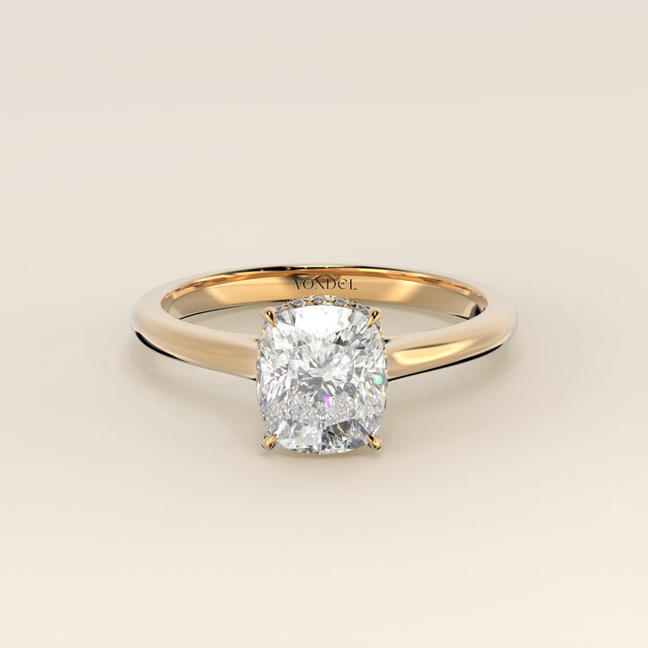 Mikki - Elongated Cushion Solitair Lab Grown Diamond Ring with Cathedral Setting and Wrap Around Halo