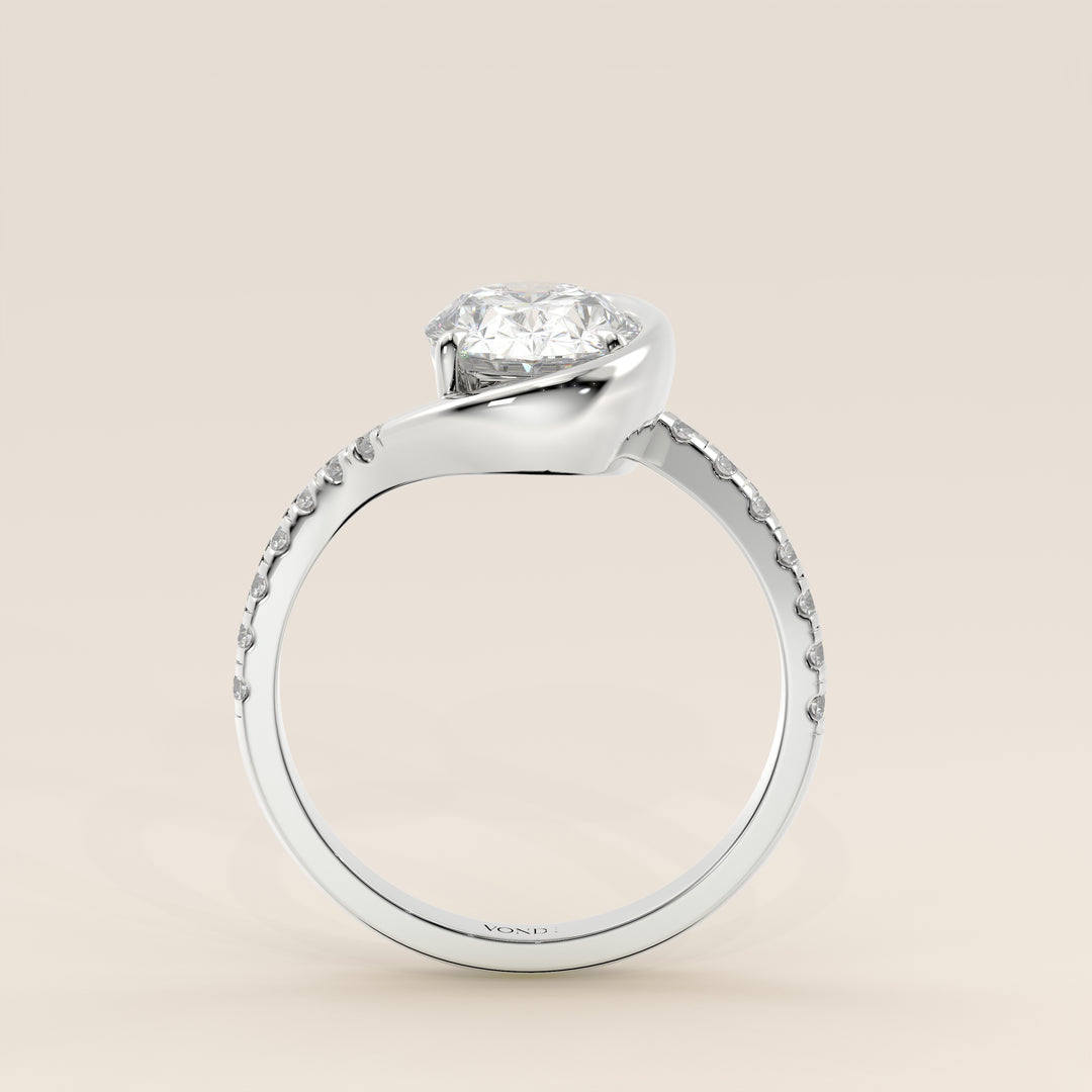 Jente - Oval Lab Grown Diamond Half Bezel Wave Ring with Pave Band