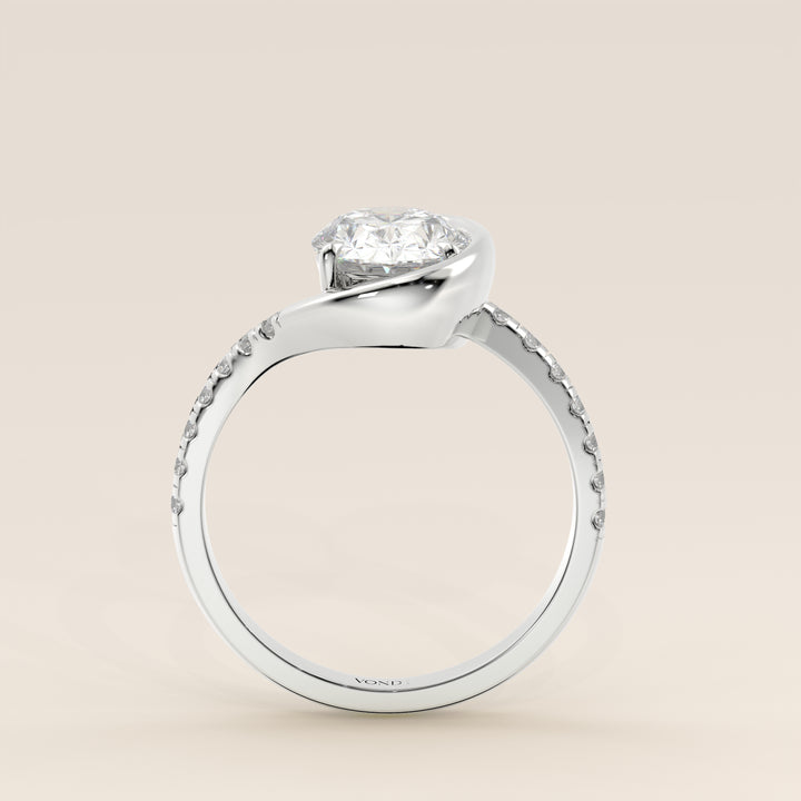 Jente - Oval Lab Grown Diamond Half Bezel Wave Ring with Pave Band