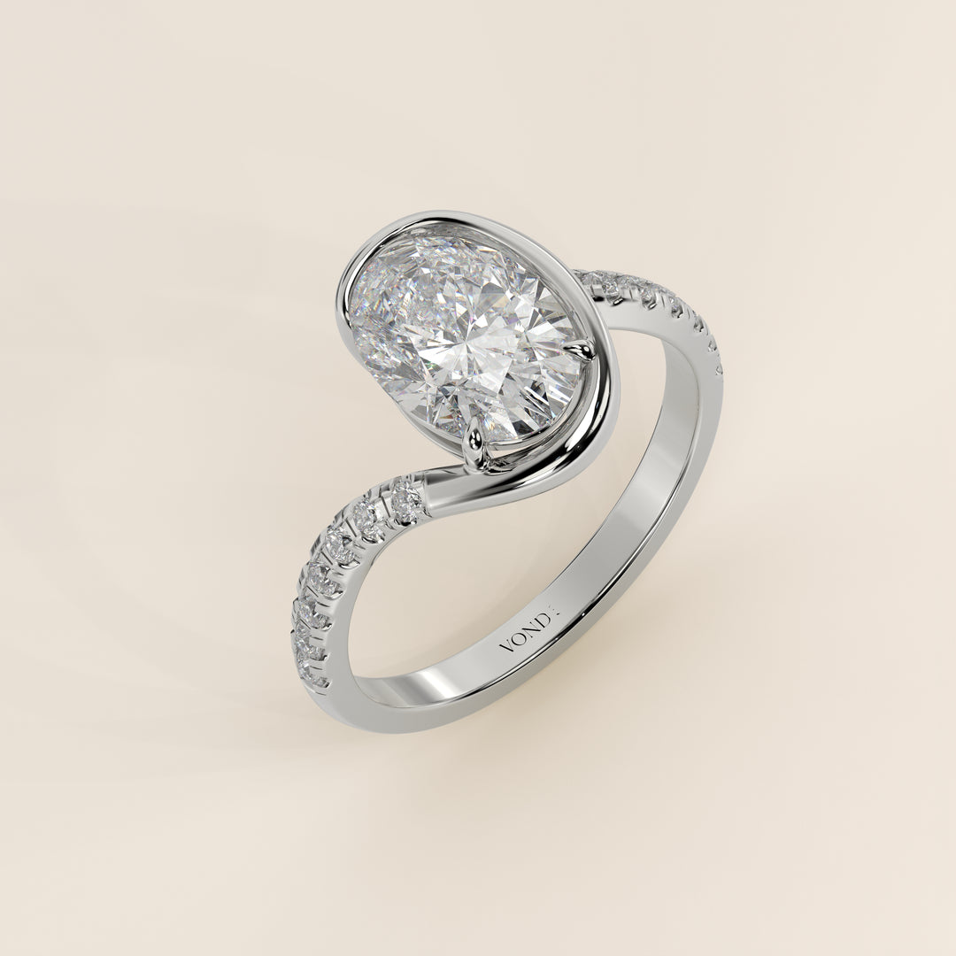 Jente - Oval Lab Grown Diamond Half Bezel Wave Ring with Pave Band