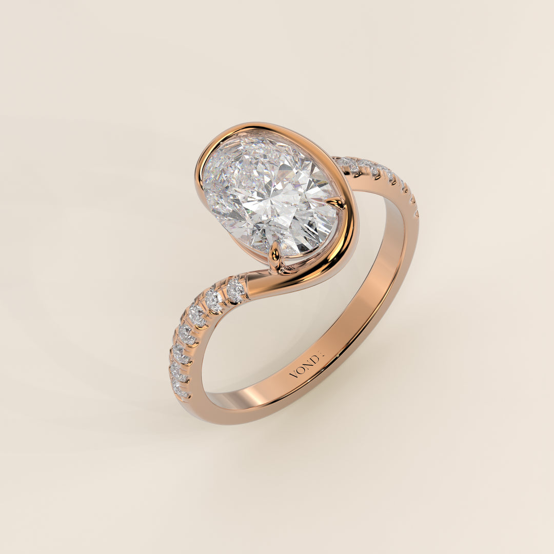 Jente - Oval Lab Grown Diamond Half Bezel Wave Ring with Pave Band