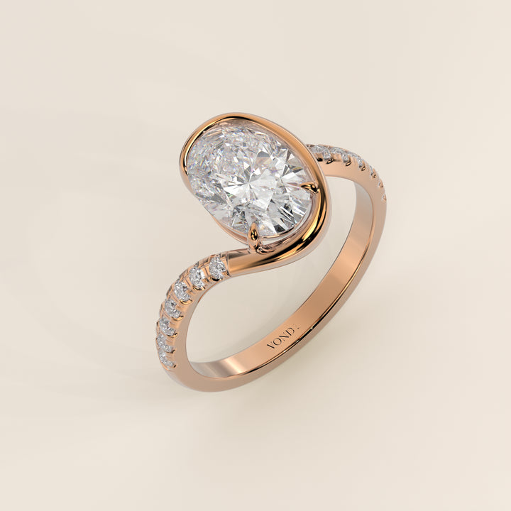 Jente - Oval Lab Grown Diamond Half Bezel Wave Ring with Pave Band