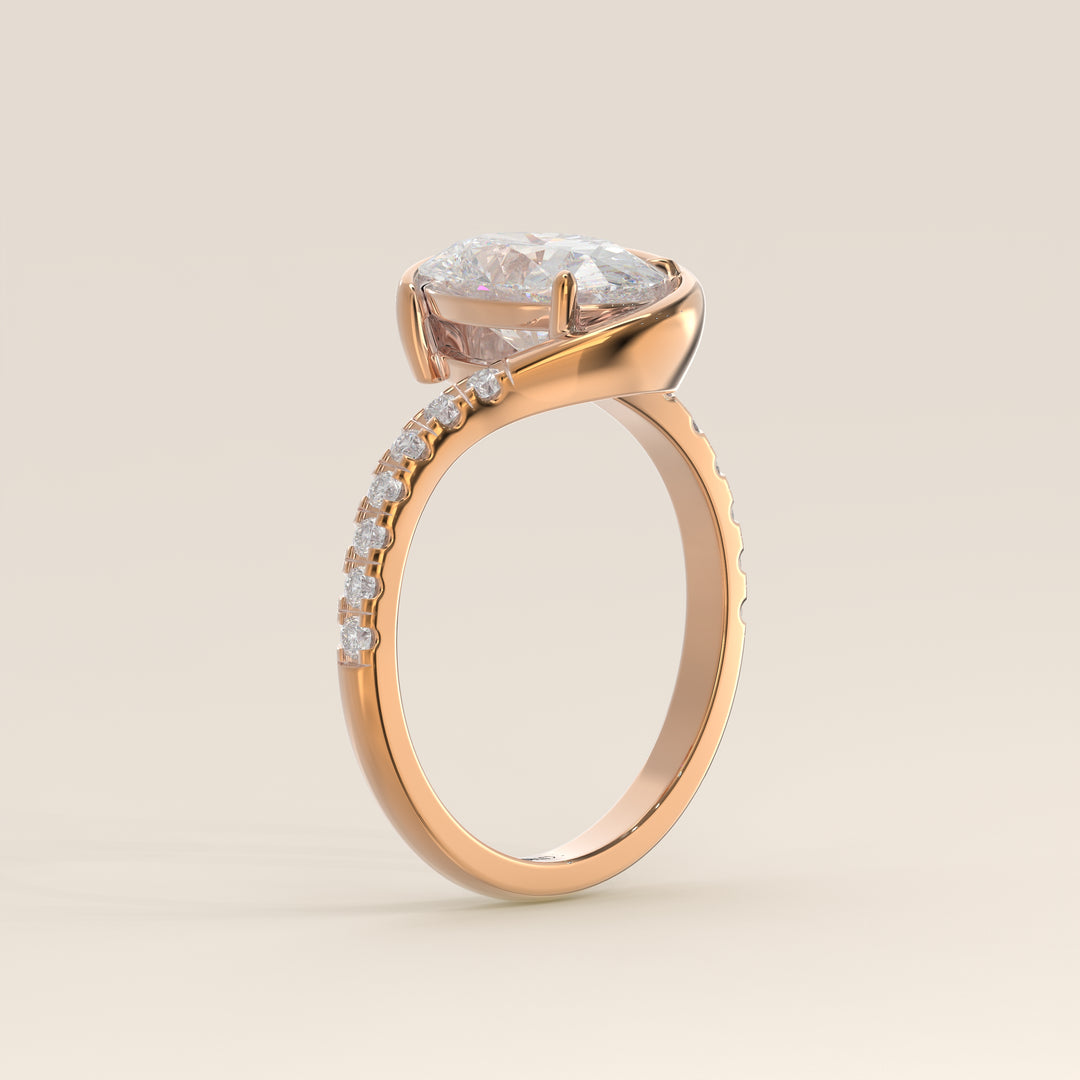 Jente - Oval Lab Grown Diamond Half Bezel Wave Ring with Pave Band
