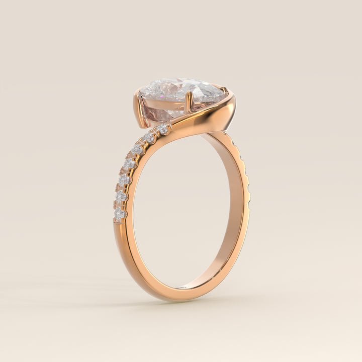 Jente - Oval Lab Grown Diamond Half Bezel Wave Ring with Pave Band
