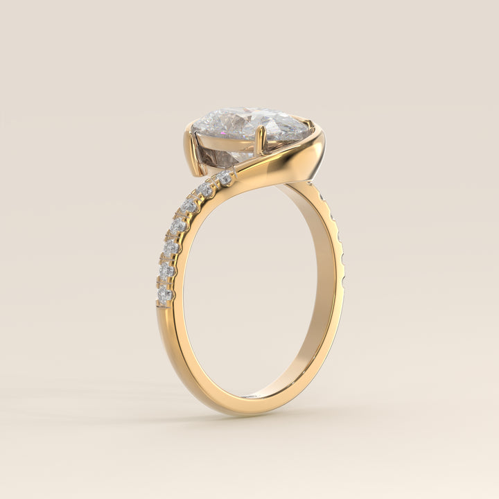 Jente - Oval Lab Grown Diamond Half Bezel Wave Ring with Pave Band