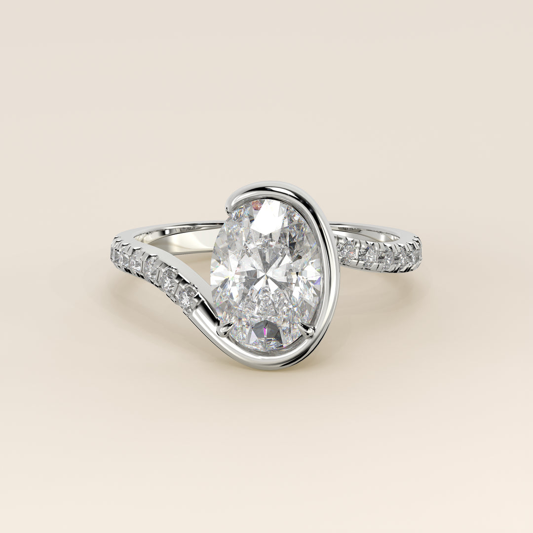 Jente - Oval Lab Grown Diamond Half Bezel Wave Ring with Pave Band