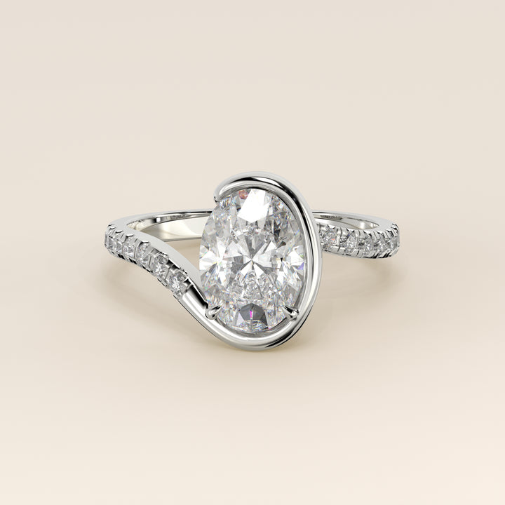 Jente - Oval Lab Grown Diamond Half Bezel Wave Ring with Pave Band