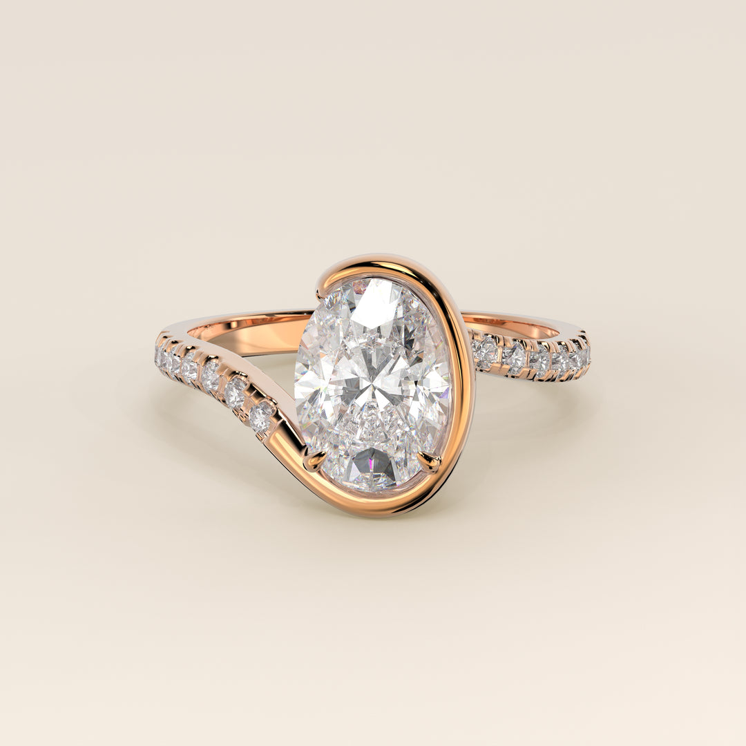 Jente - Oval Lab Grown Diamond Half Bezel Wave Ring with Pave Band