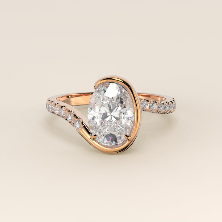 Jente - Oval Lab Grown Diamond Half Bezel Wave Ring with Pave Band