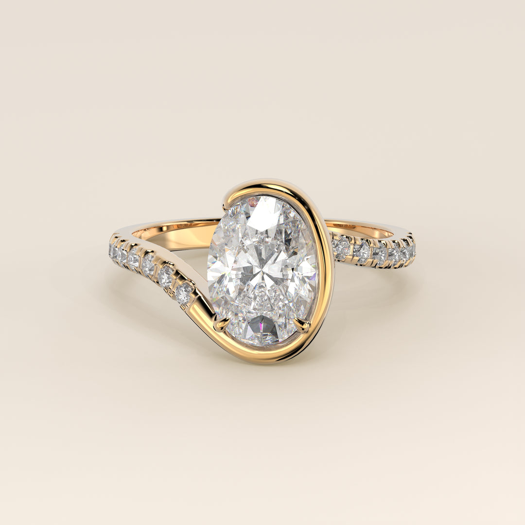 Jente - Oval Lab Grown Diamond Half Bezel Wave Ring with Pave Band