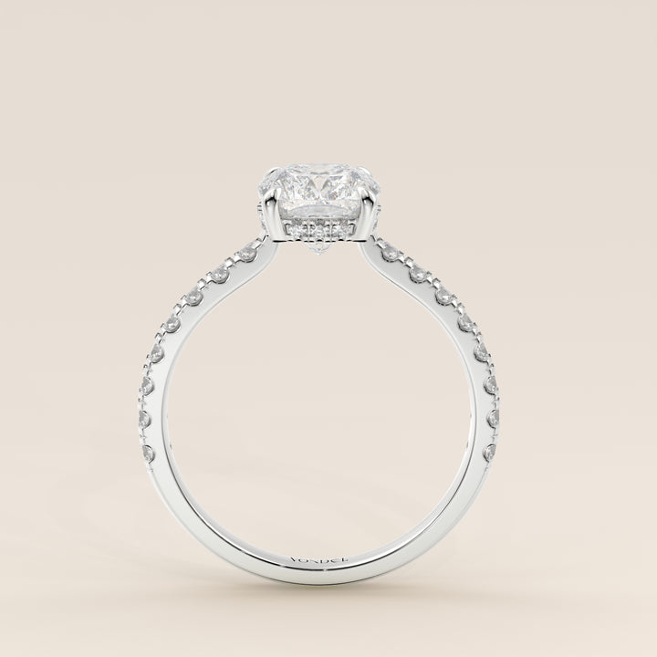 Kiya - Elongated Cushion Lab Grown Diamond Ring with Hidden Halo, Pave Band and Open Bridge Setting