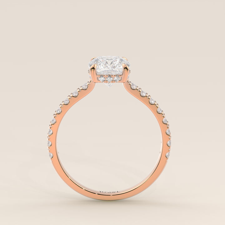 Kiya - Elongated Cushion Lab Grown Diamond Ring with Hidden Halo, Pave Band and Open Bridge Setting