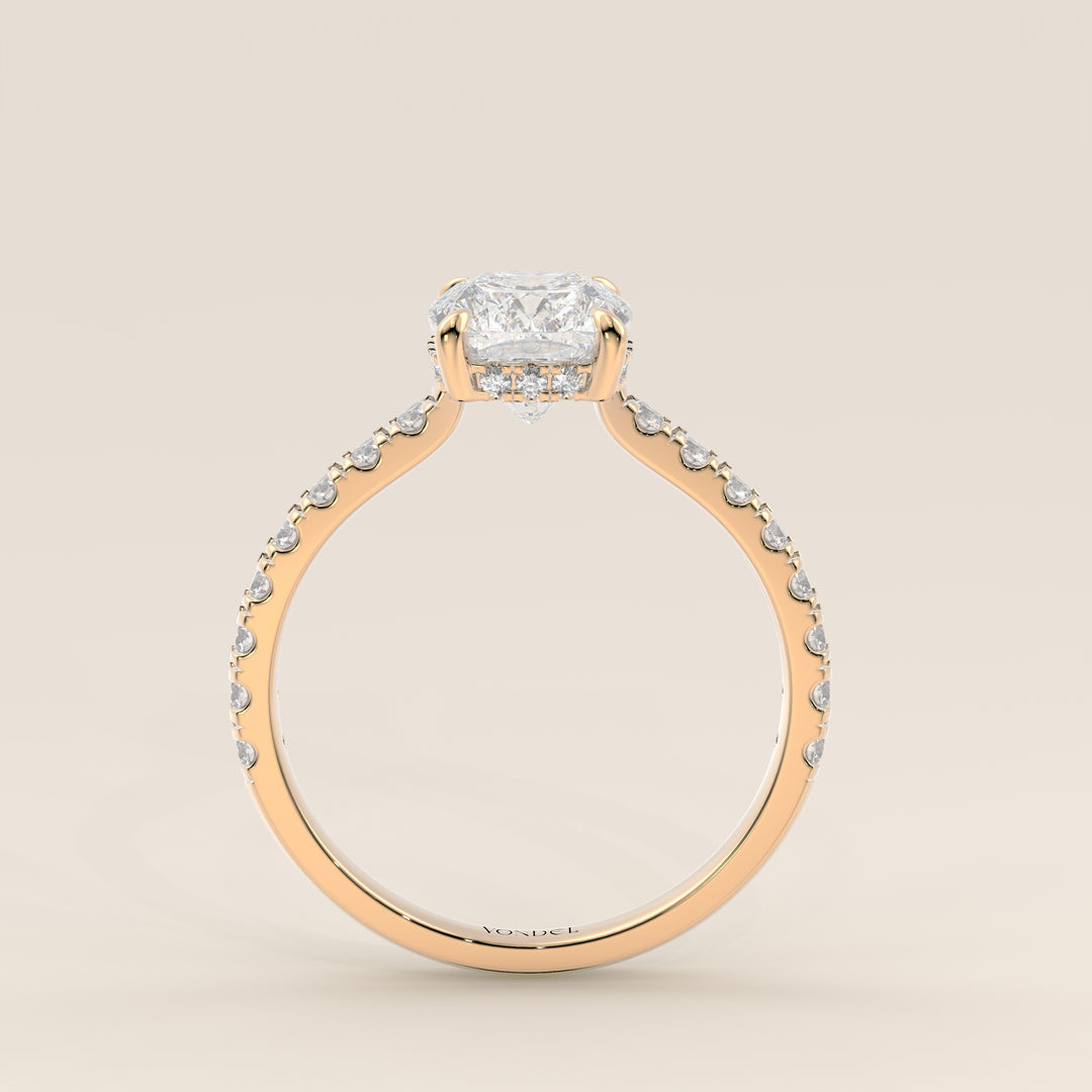 Kiya - Elongated Cushion Lab Grown Diamond Ring with Hidden Halo, Pave Band and Open Bridge Setting