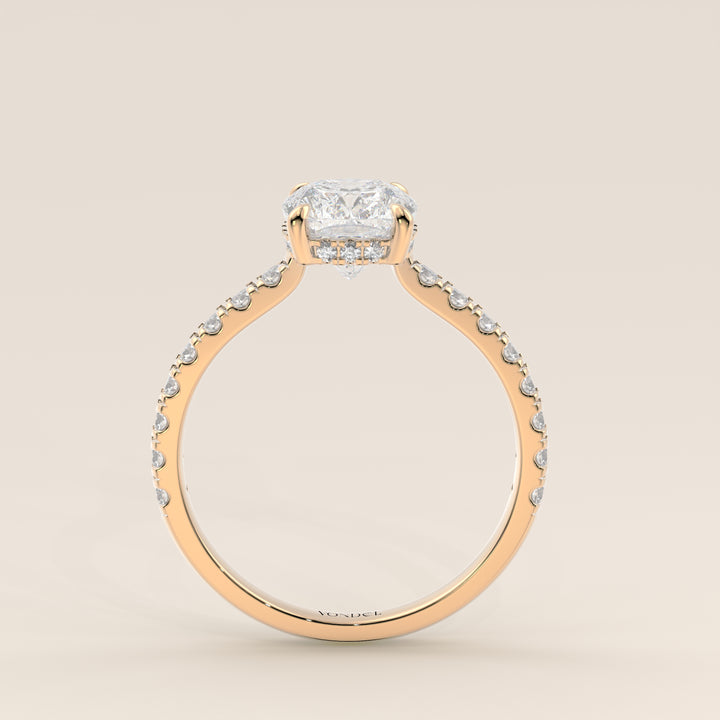 Kiya - Elongated Cushion Lab Grown Diamond Ring with Hidden Halo, Pave Band and Open Bridge Setting
