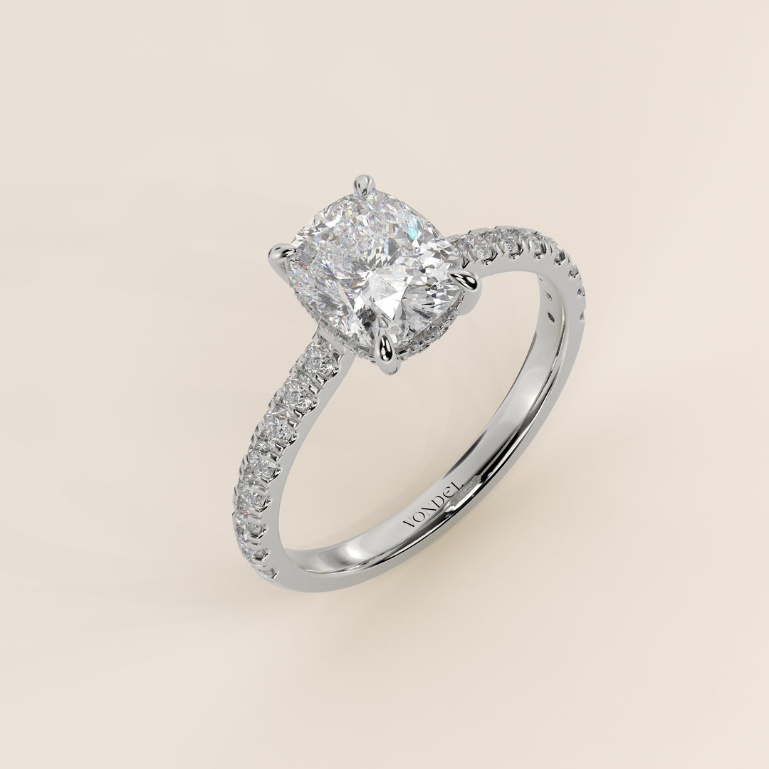 Kiya - Elongated Cushion Lab Grown Diamond Ring with Hidden Halo, Pave Band and Open Bridge Setting