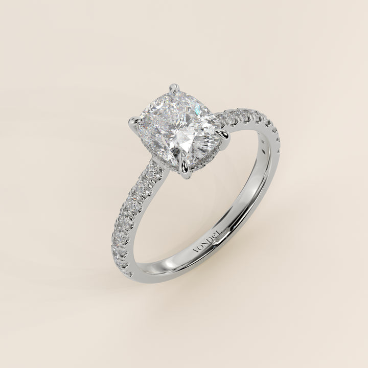 Kiya - Elongated Cushion Lab Grown Diamond Ring with Hidden Halo, Pave Band and Open Bridge Setting
