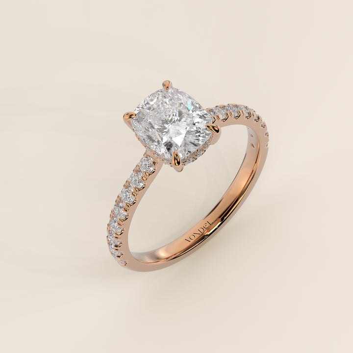 Kiya - Elongated Cushion Lab Grown Diamond Ring with Hidden Halo, Pave Band and Open Bridge Setting