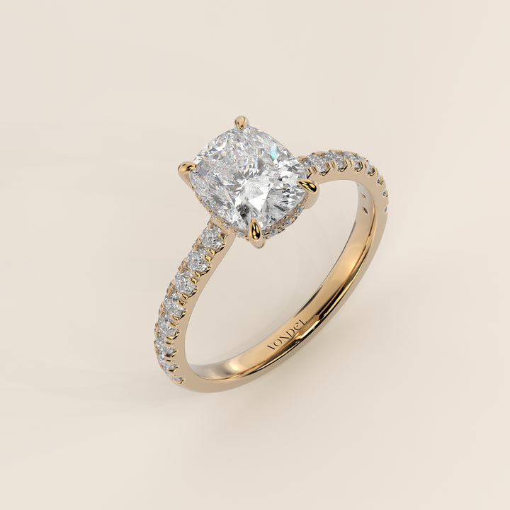 Kiya - Elongated Cushion Lab Grown Diamond Ring with Hidden Halo, Pave Band and Open Bridge Setting
