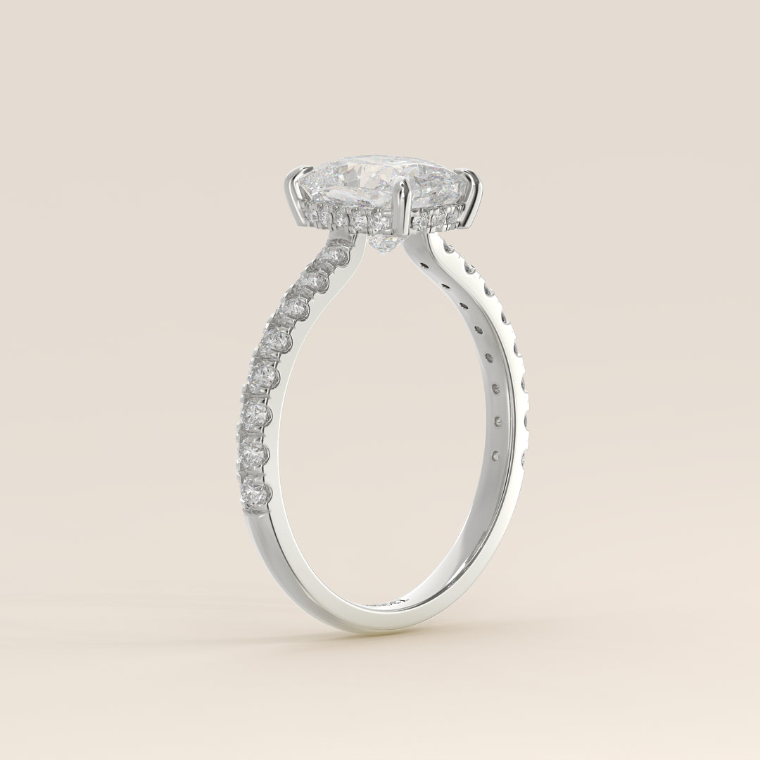 Kiya - Elongated Cushion Lab Grown Diamond Ring with Hidden Halo, Pave Band and Open Bridge Setting