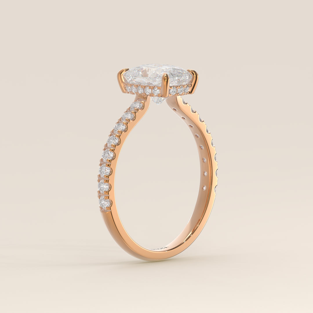 Kiya - Elongated Cushion Lab Grown Diamond Ring with Hidden Halo, Pave Band and Open Bridge Setting