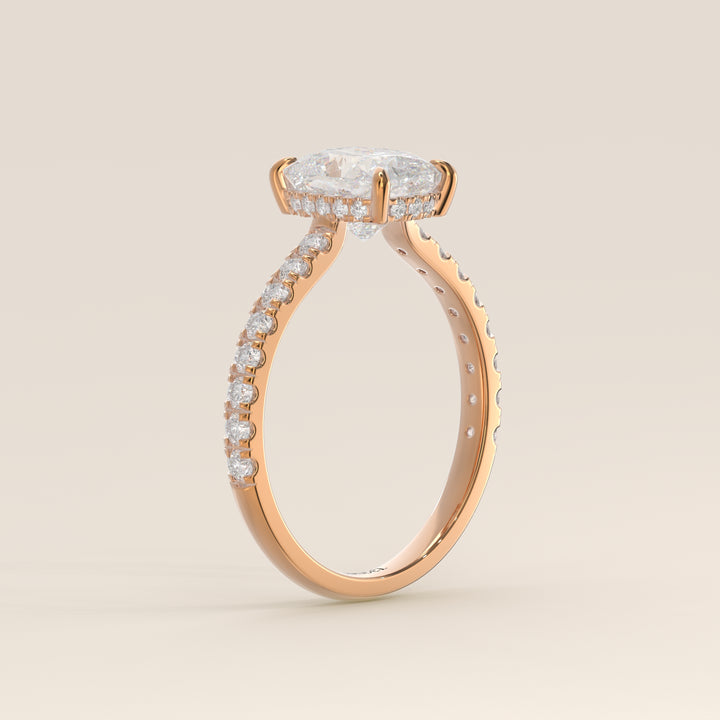 Kiya - Elongated Cushion Lab Grown Diamond Ring with Hidden Halo, Pave Band and Open Bridge Setting