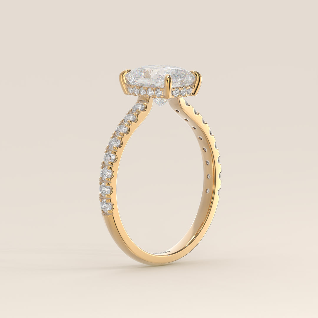 Kiya - Elongated Cushion Lab Grown Diamond Ring with Hidden Halo, Pave Band and Open Bridge Setting