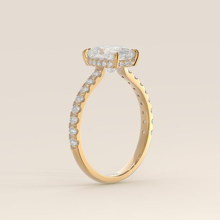 Kiya - Elongated Cushion Lab Grown Diamond Ring with Hidden Halo, Pave Band and Open Bridge Setting
