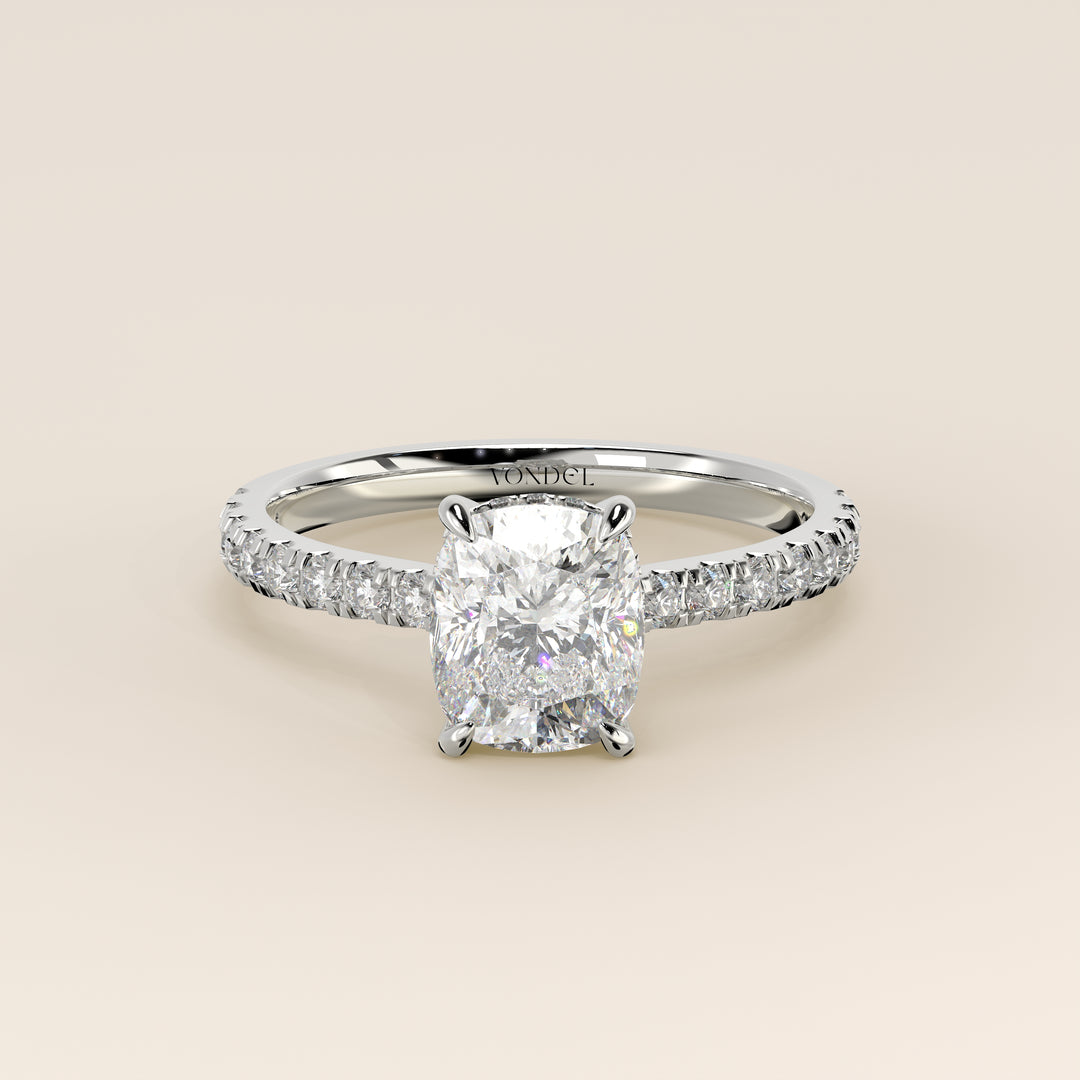 Kiya - Elongated Cushion Lab Grown Diamond Ring with Hidden Halo, Pave Band and Open Bridge Setting