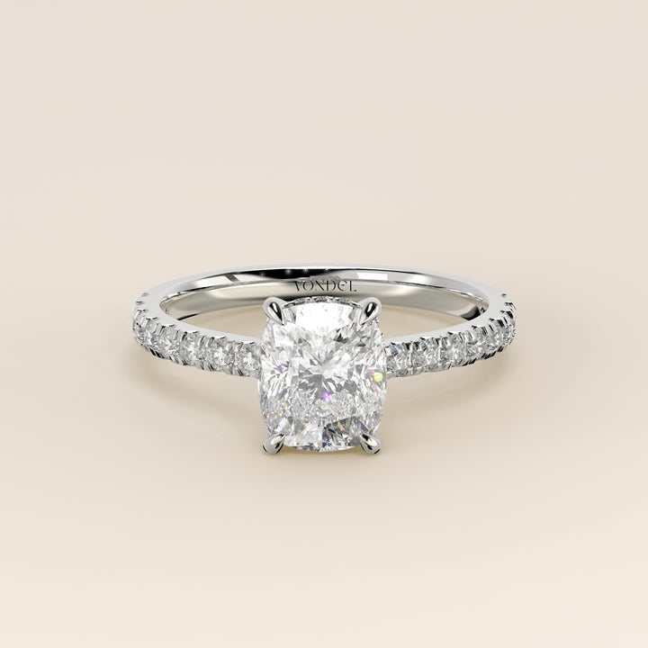 Kiya - Elongated Cushion Lab Grown Diamond Ring with Hidden Halo, Pave Band and Open Bridge Setting