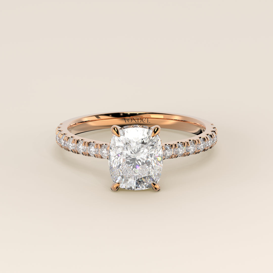 Kiya - Elongated Cushion Lab Grown Diamond Ring with Hidden Halo, Pave Band and Open Bridge Setting