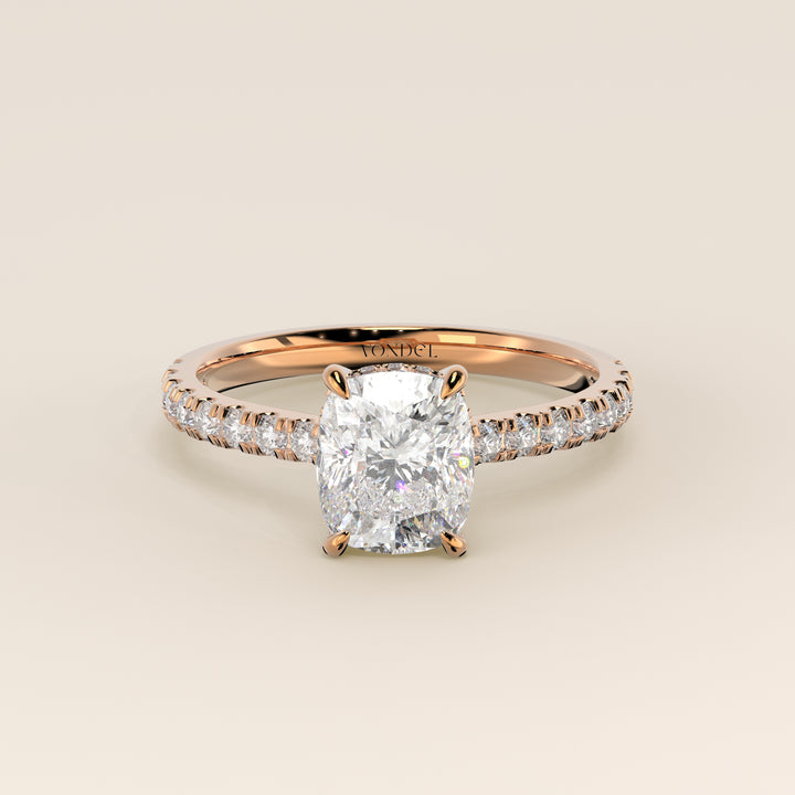 Kiya - Elongated Cushion Lab Grown Diamond Ring with Hidden Halo, Pave Band and Open Bridge Setting
