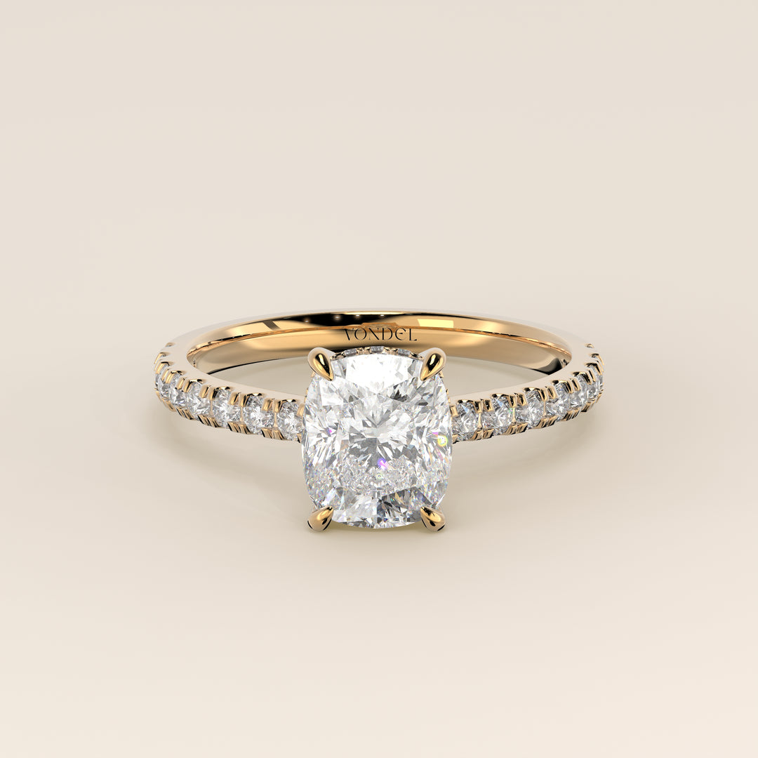 Kiya - Elongated Cushion Lab Grown Diamond Ring with Hidden Halo, Pave Band and Open Bridge Setting