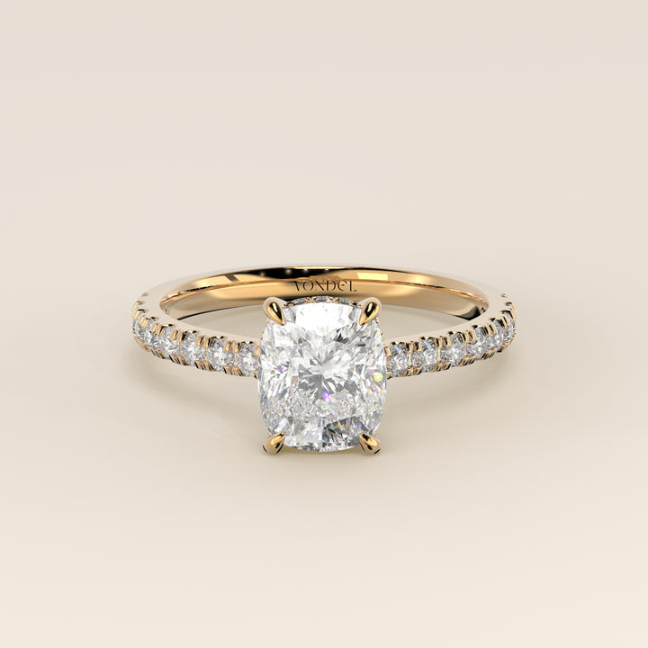 Kiya - Elongated Cushion Lab Grown Diamond Ring with Hidden Halo, Pave Band and Open Bridge Setting